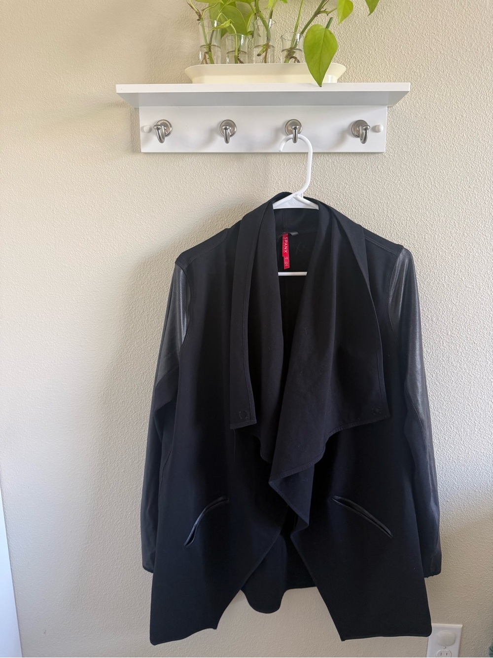 SPANX Black Draped Jacket with Faux Leather Sleeves